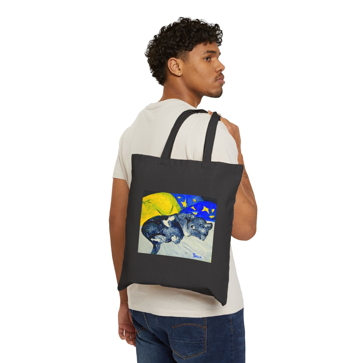 "Sleeping Kitty" Stylish Cotton Canvas Tote Bag, Eco-Friendly Shopping Bag