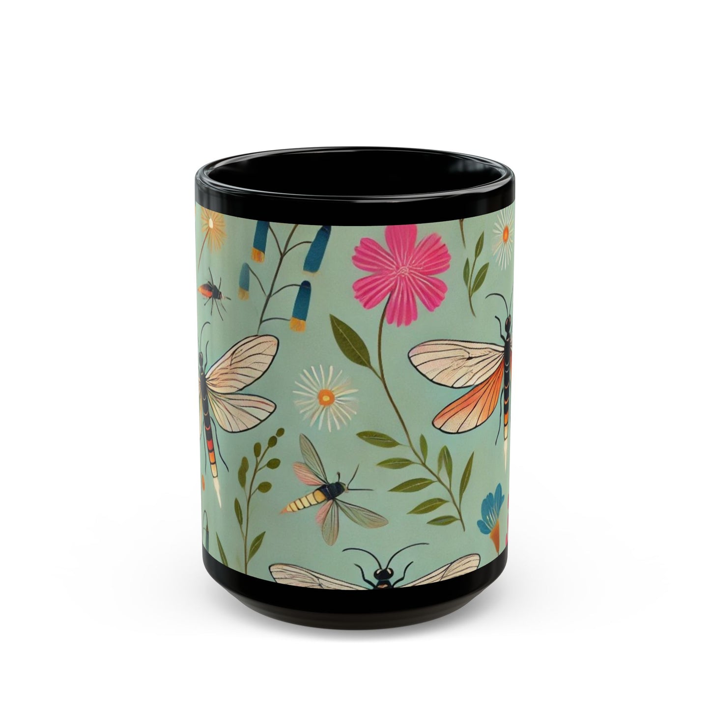 Fireflies and Garden Flowers - 11 oz or 15 oz Ceramic Black Mugs