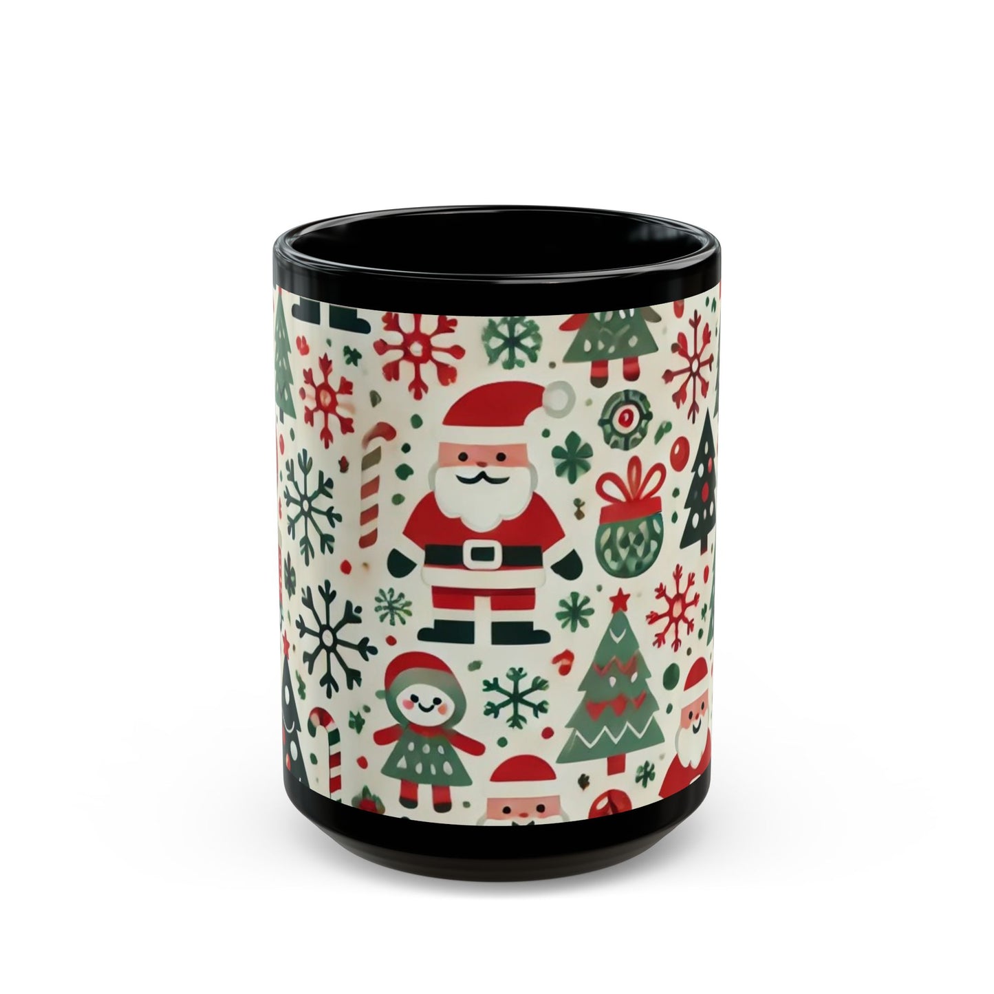 Santas, Trees, Snowflakes - 11 oz or 15 oz Ceramic Black Mugs