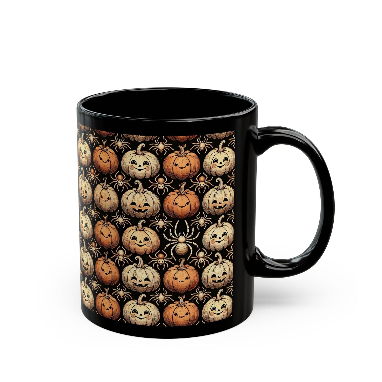 Spider and Halloween Pumpkin- 11 oz or 15 oz Ceramic Black Mugs