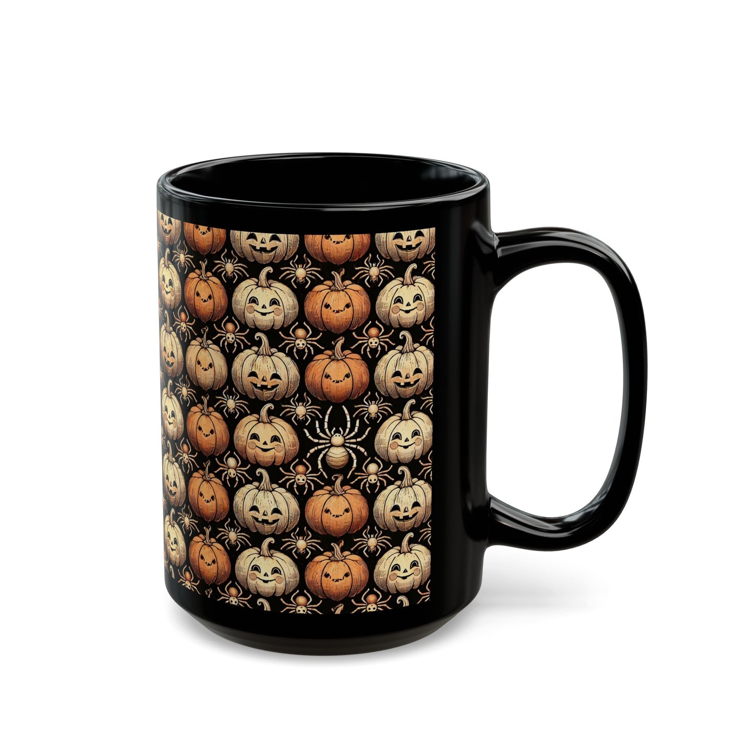 Spider and Halloween Pumpkin- 11 oz or 15 oz Ceramic Black Mugs