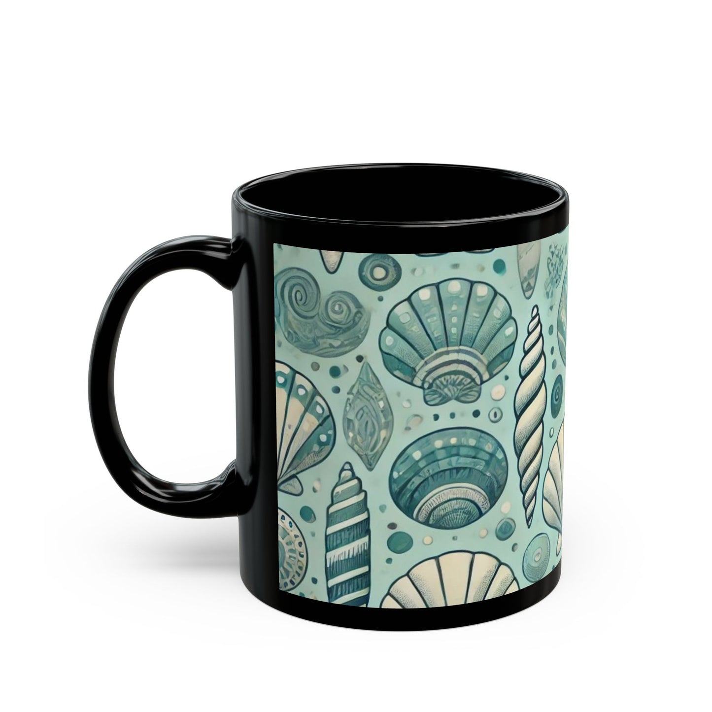 Blue and Silver Seashells - 11 oz or 15 oz Ceramic Black Mugs