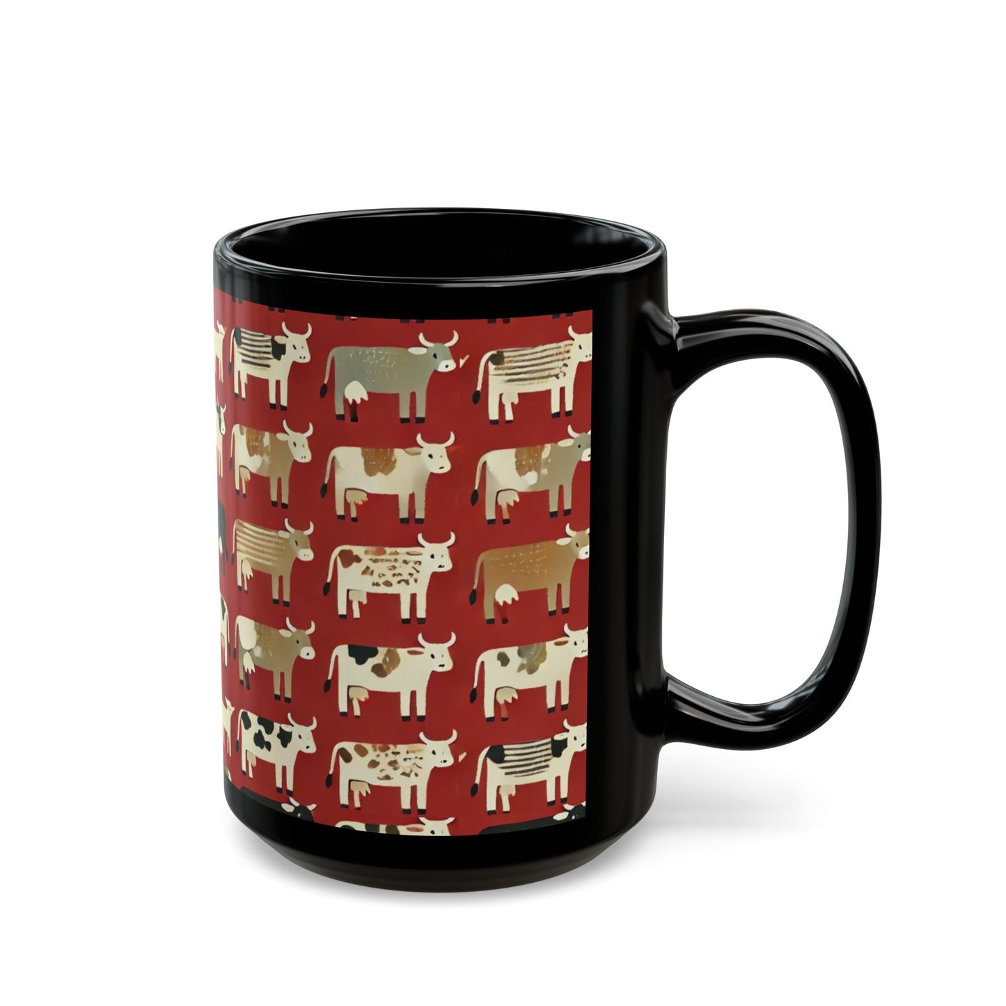 Primitive Boho-Style Cows- 11 oz or 15 oz Ceramic Black Mugs