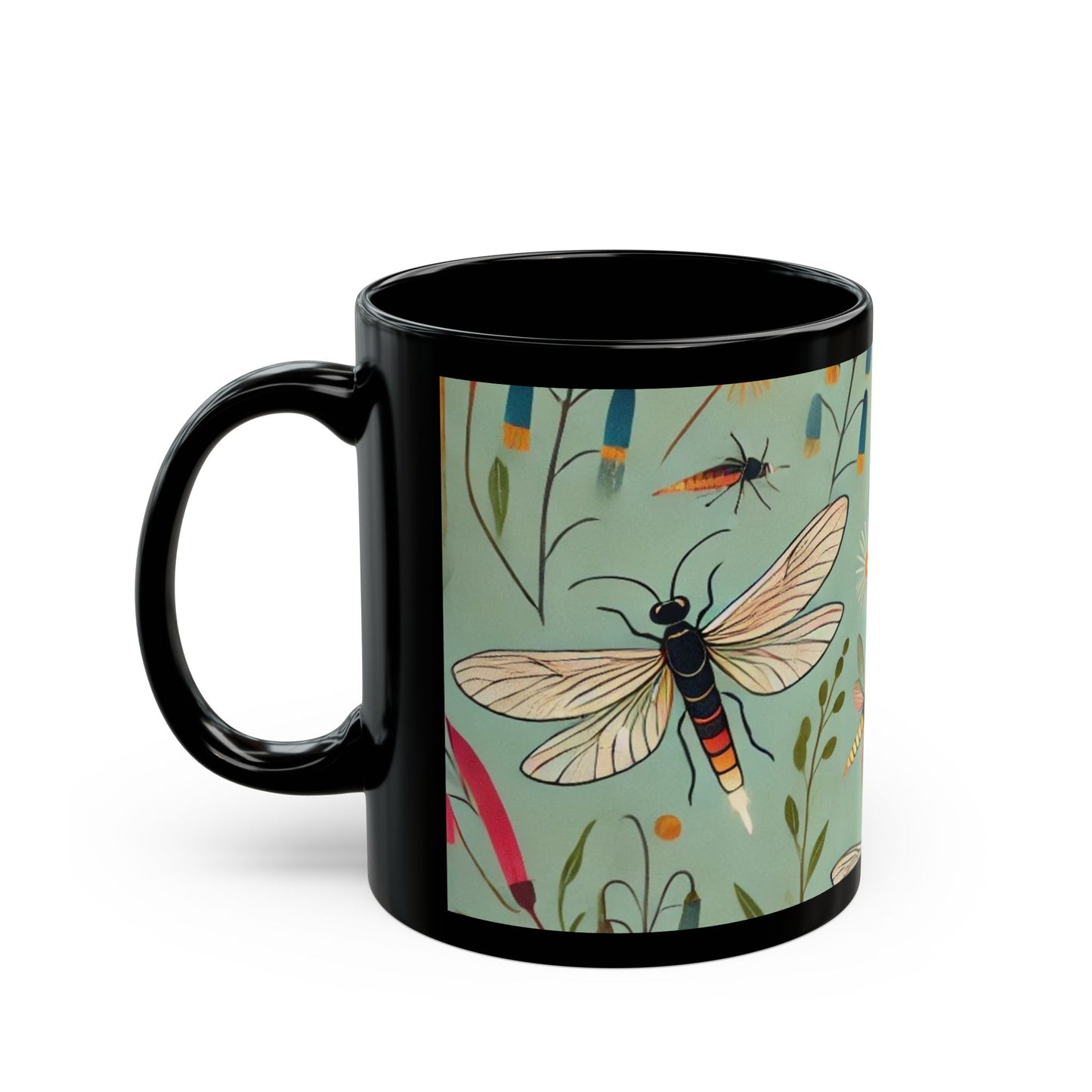 Fireflies and Garden Flowers - 11 oz or 15 oz Ceramic Black Mugs