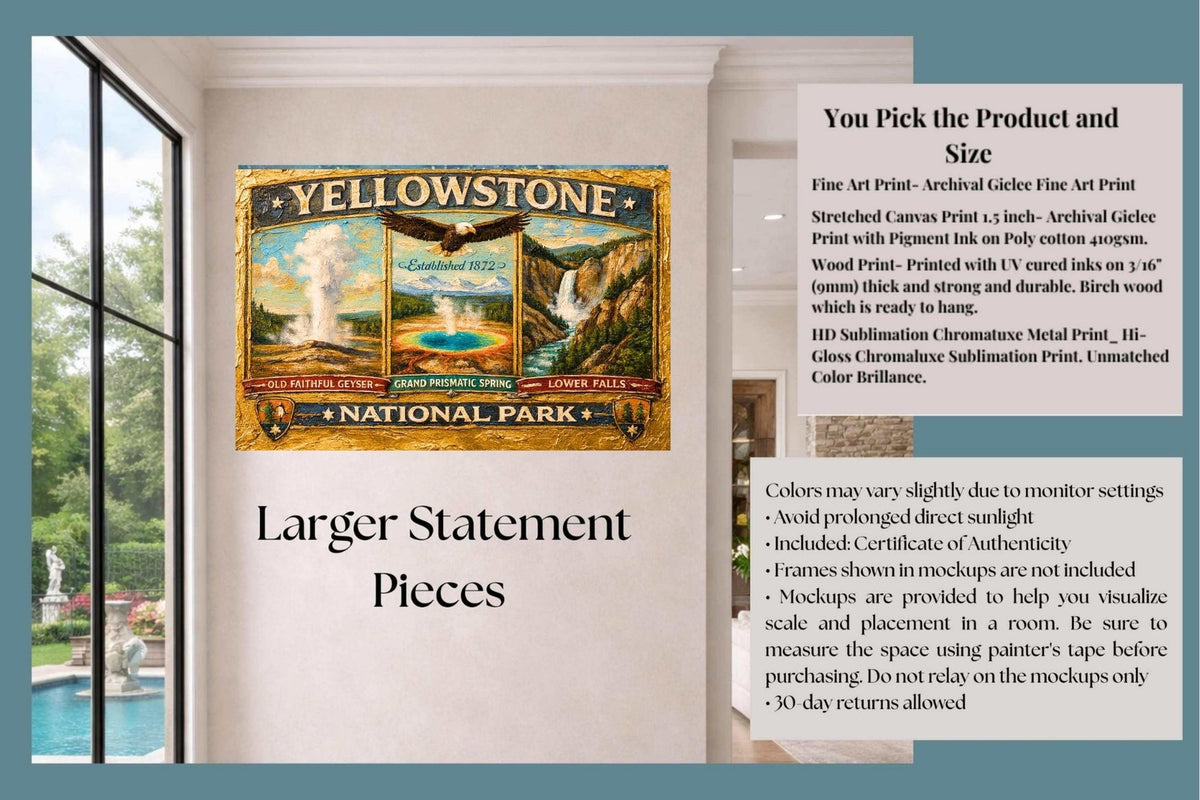 Yellowstone's Iconic Natural Wonders| Vintage Sign Art| Prints, Canvas, Wood, or Metal Art