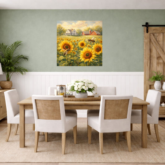 Sunflower Farm | Bee Art| Farmhouse Garden Prints| Giclee Paper- Wood- Metal- Canvas