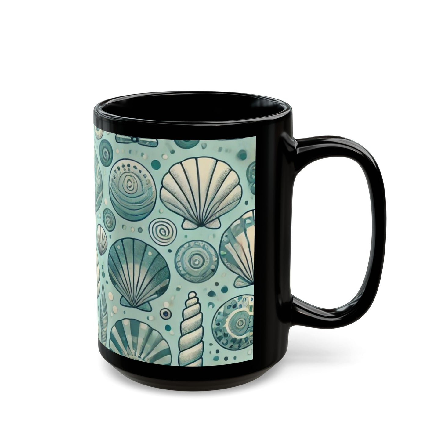 Blue and Silver Seashells - 11 oz or 15 oz Ceramic Black Mugs