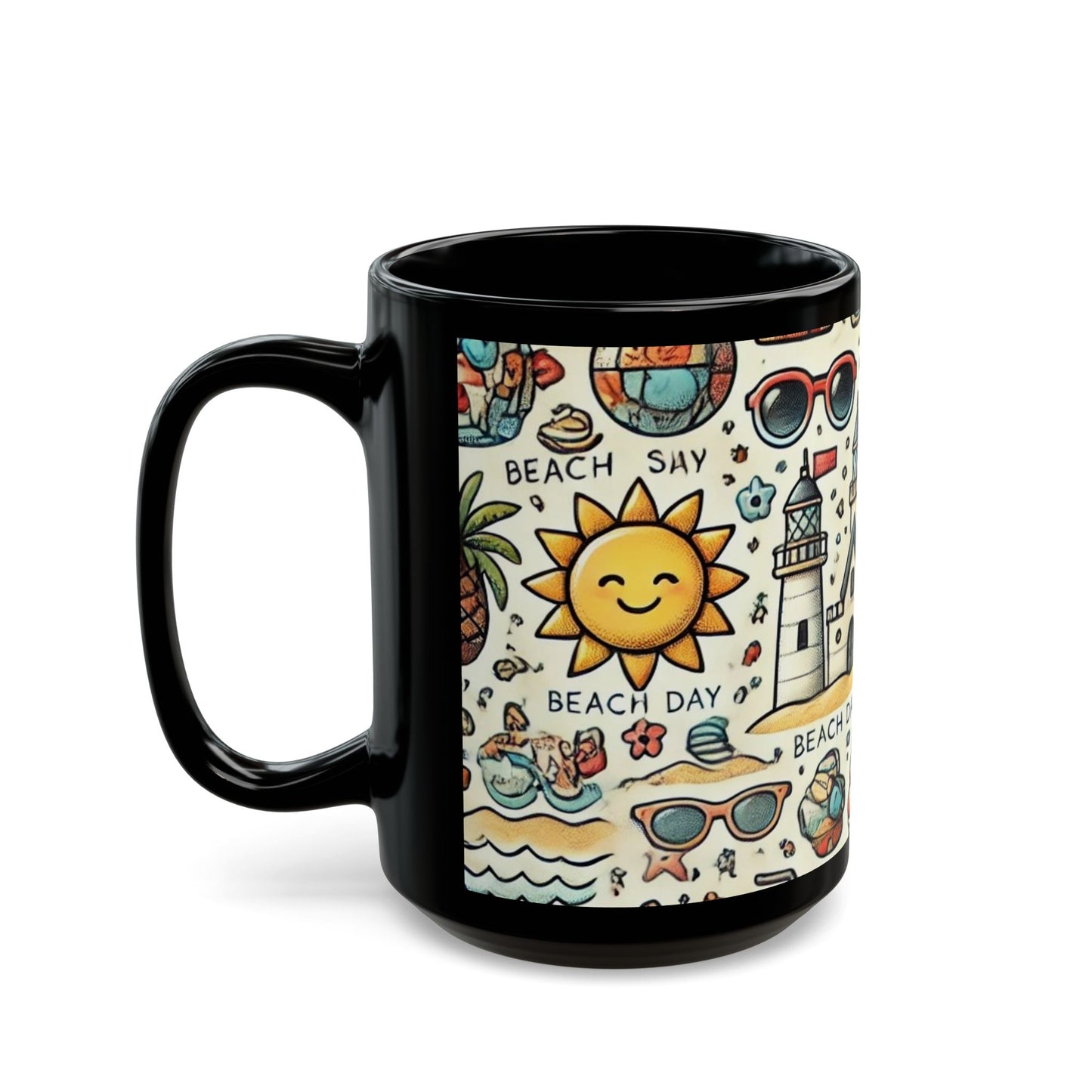 Beach Day Fun- 11 oz or 15 oz Ceramic Black Mugs