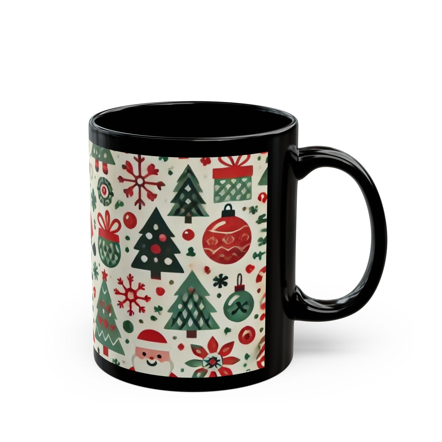 Santas, Trees, Snowflakes - 11 oz or 15 oz Ceramic Black Mugs