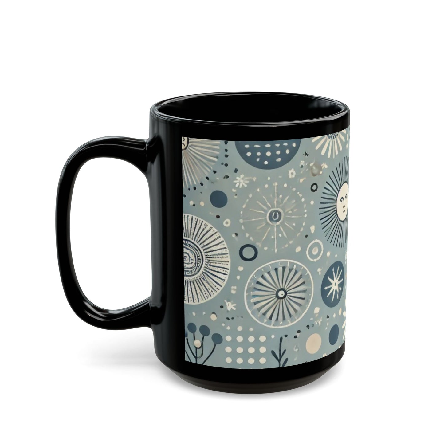 Sun, Moon, and Flowers - 11 oz or 15 oz Ceramic Black Mugs