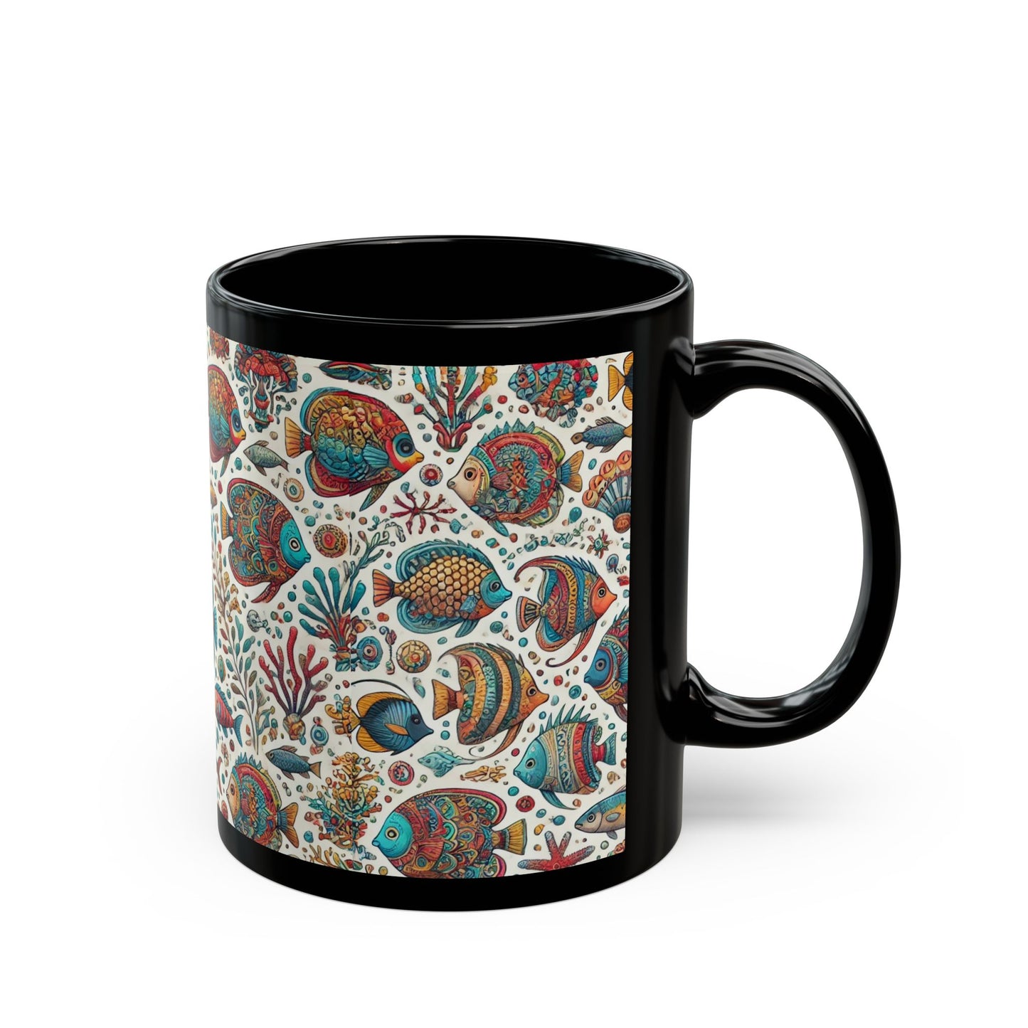 Fishes of the Sea- 11 oz or 15 oz Ceramic Black Mugs