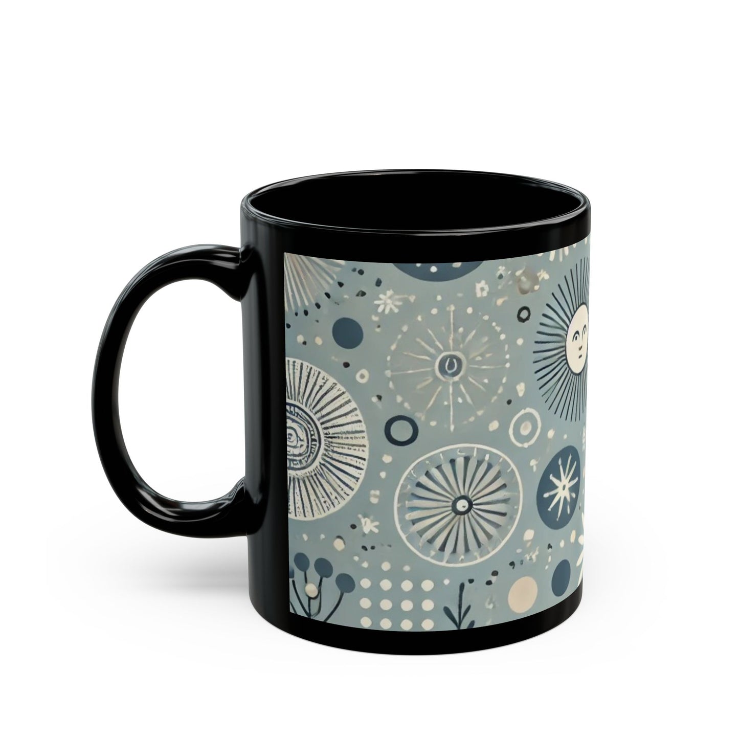 Sun, Moon, and Flowers - 11 oz or 15 oz Ceramic Black Mugs