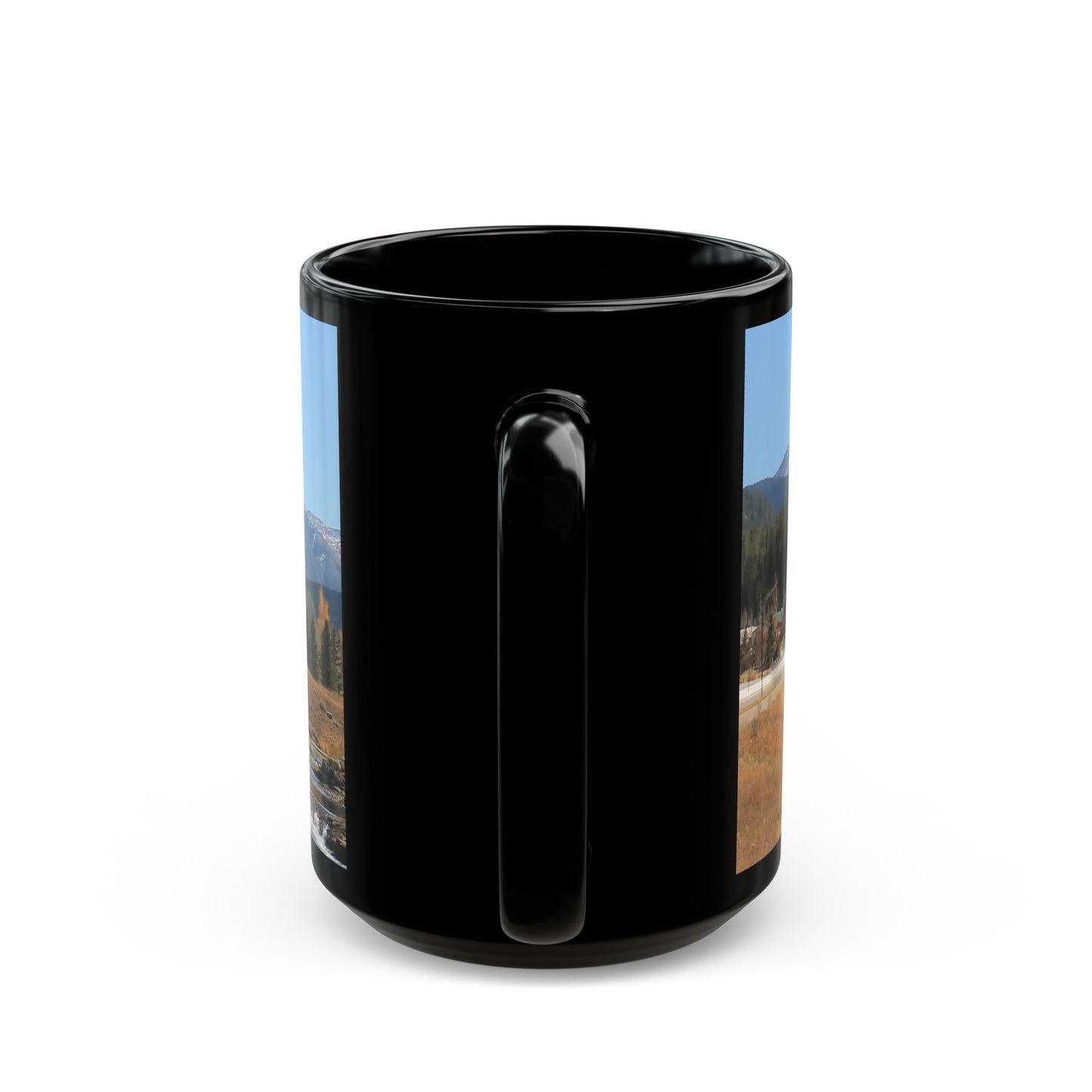 "Rocky Mountain View" - 11 oz or 15 oz Ceramic Black Mugs