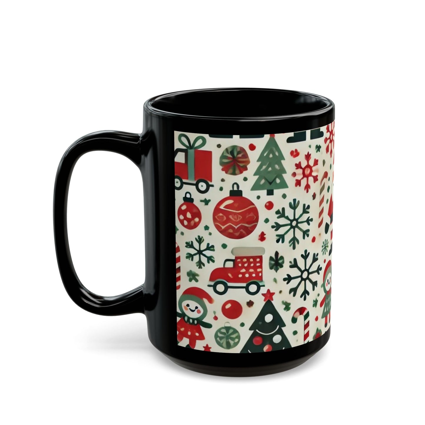 Santas, Trees, Snowflakes - 11 oz or 15 oz Ceramic Black Mugs