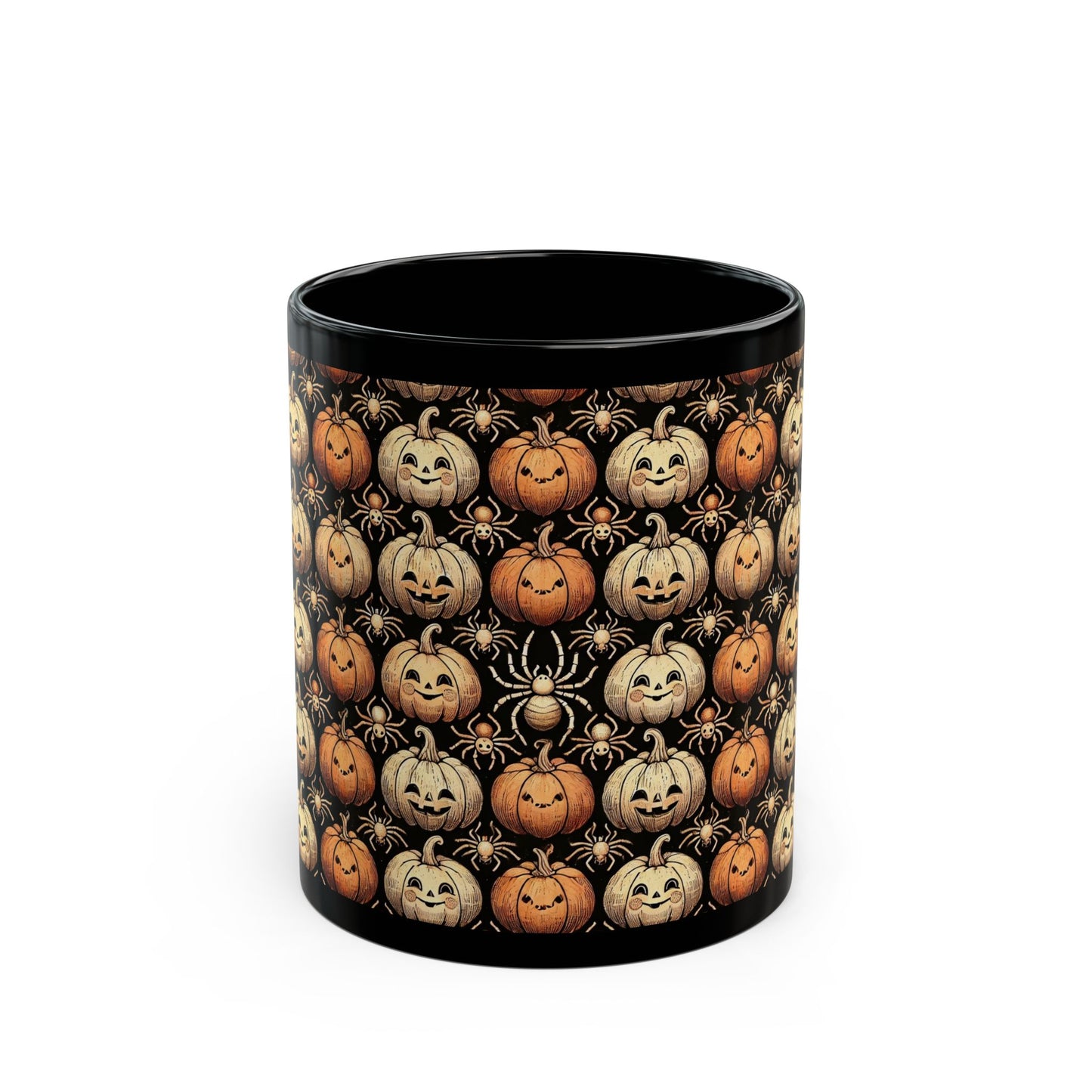 Spider and Halloween Pumpkin- 11 oz or 15 oz Ceramic Black Mugs