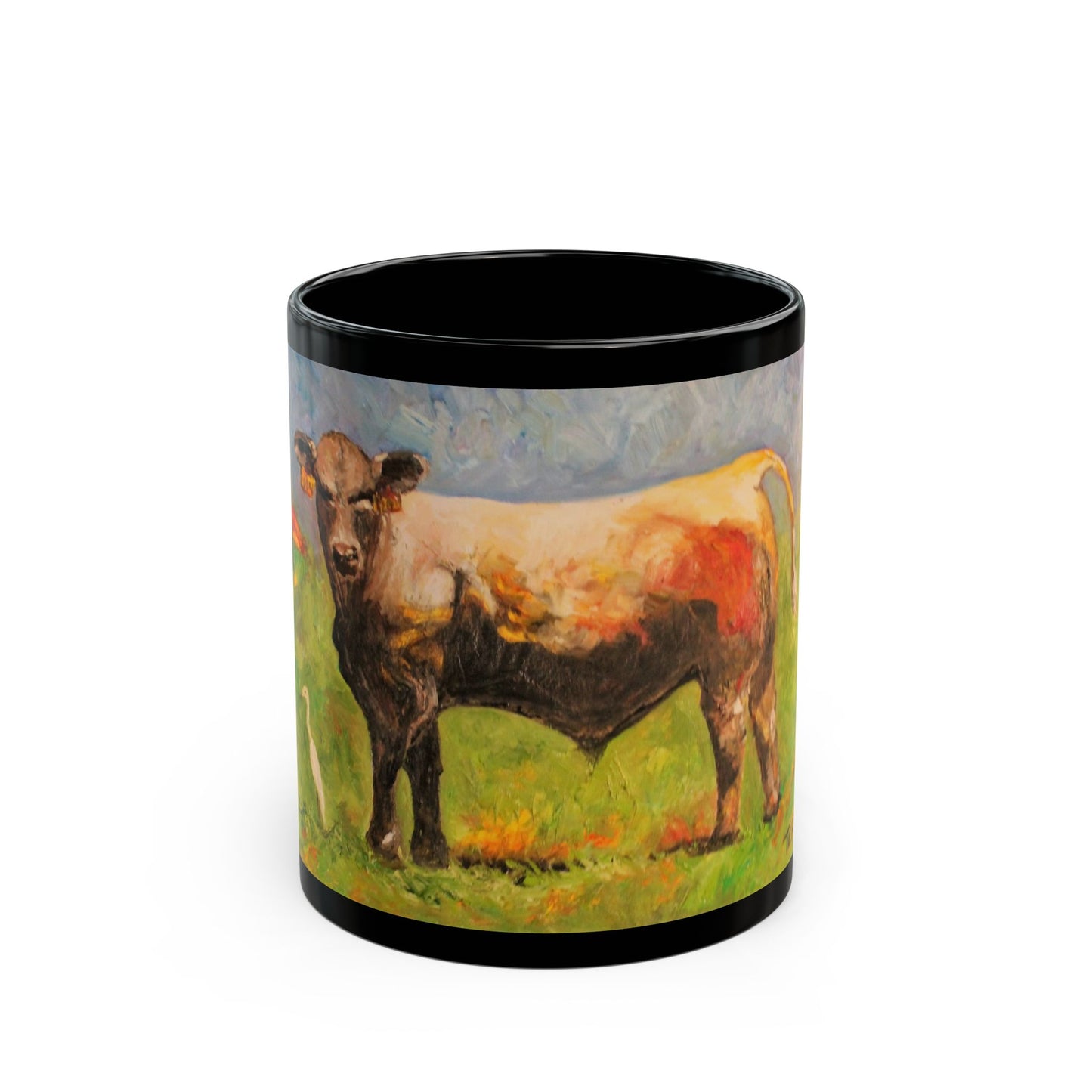 White Egret and the Bull - 11 oz or 15 oz Ceramic Black Mugs