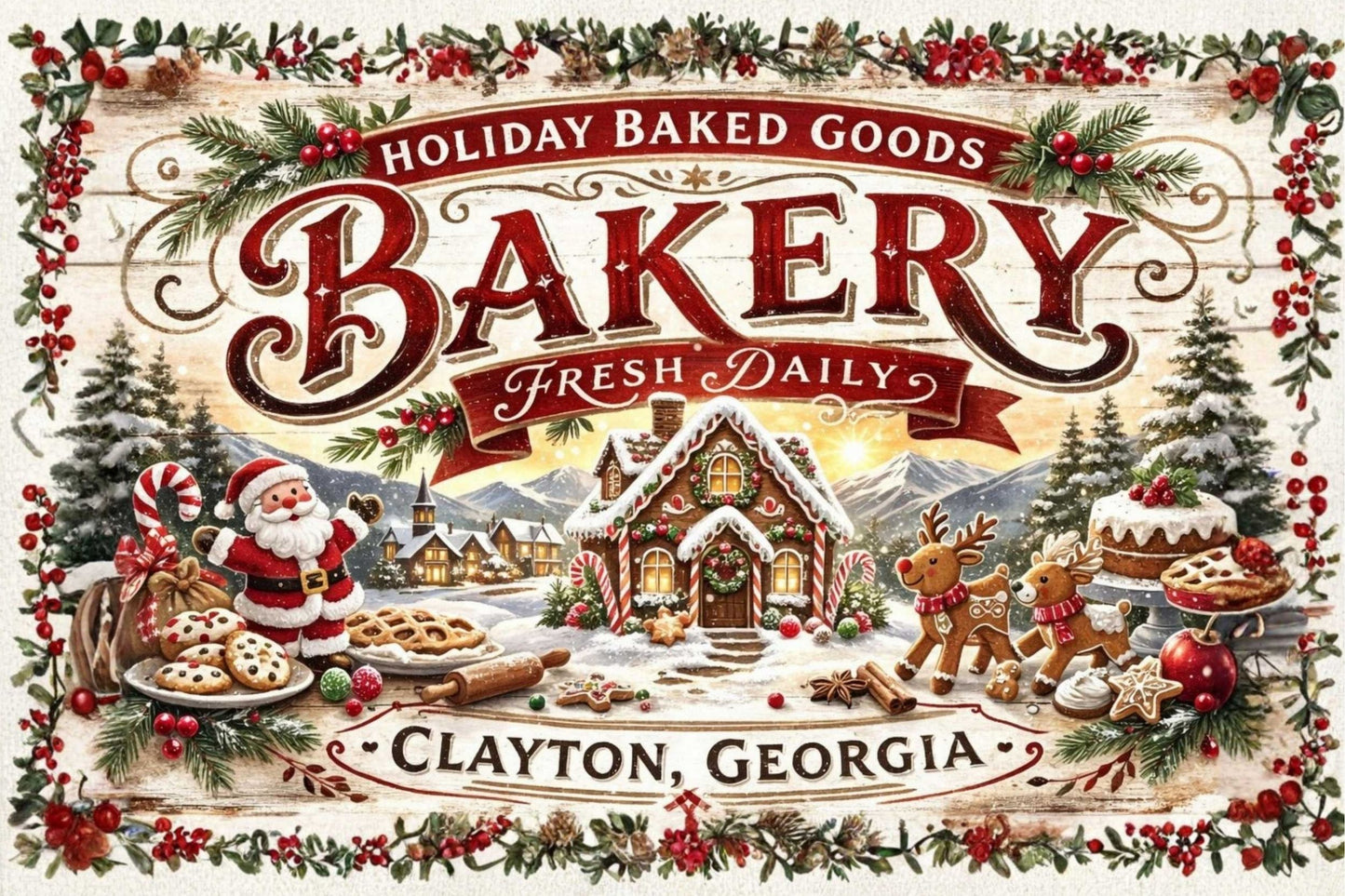 Christmas Bakery Clayton Georgia Vintage Style Sign- Art Giclee Paper- Wood- Metal- Canvas