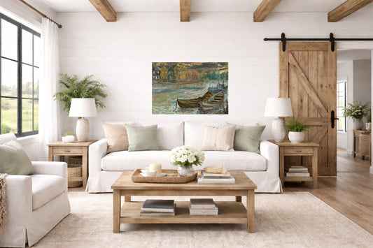 Rainy Harbor | Original Teresa Johnson Coastal Harbor Painting | Fishing Boats & Waterfront Village | Giclée Paper • Wood • Metal • Canvas