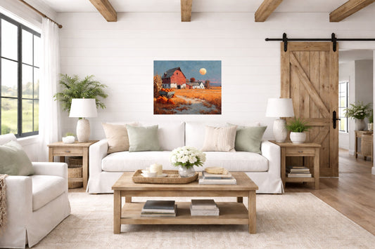 Harvest Moon at the Old Red Barn | Autumn Farmhouse Art | Prints, Canvas, Wood, or Metal