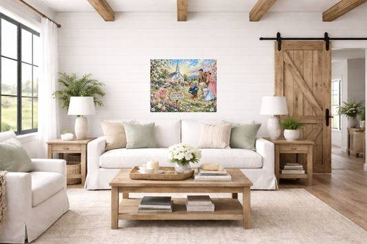 Easter Egg Hunt At the Country Church | Giclee Paper, Prints, Canvas, Wood, or Metal Art