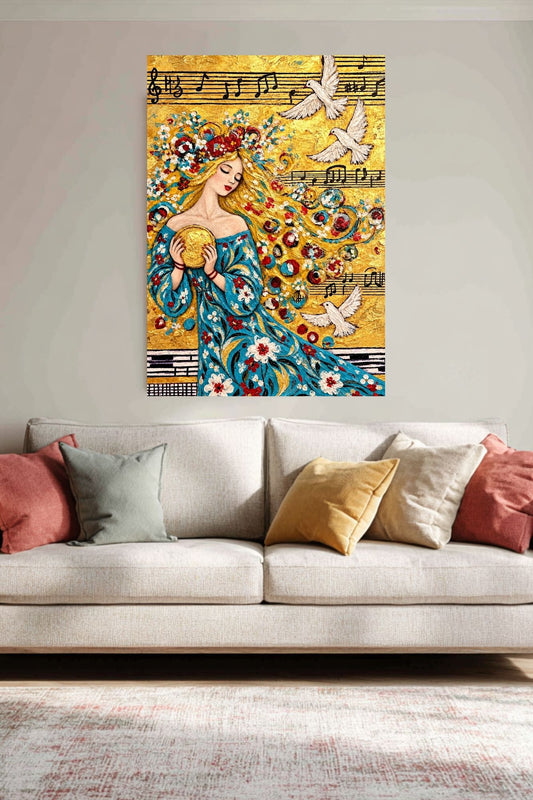 Carol’s Golden Song | Heavenly Inspired Music Art | Woman and Dove Wall Art | Giclée Paper, Canvas, Wood or Metal
