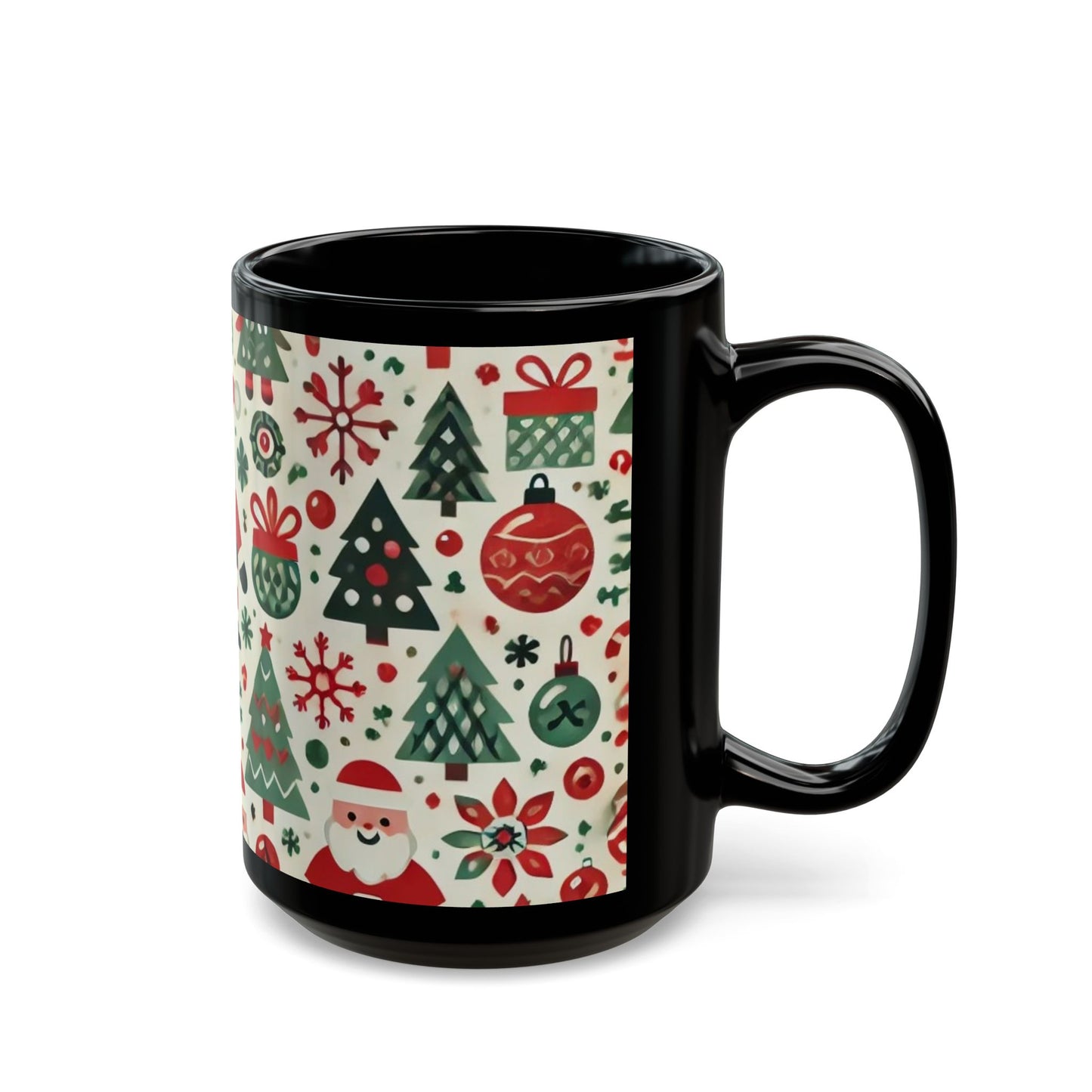 Santas, Trees, Snowflakes - 11 oz or 15 oz Ceramic Black Mugs