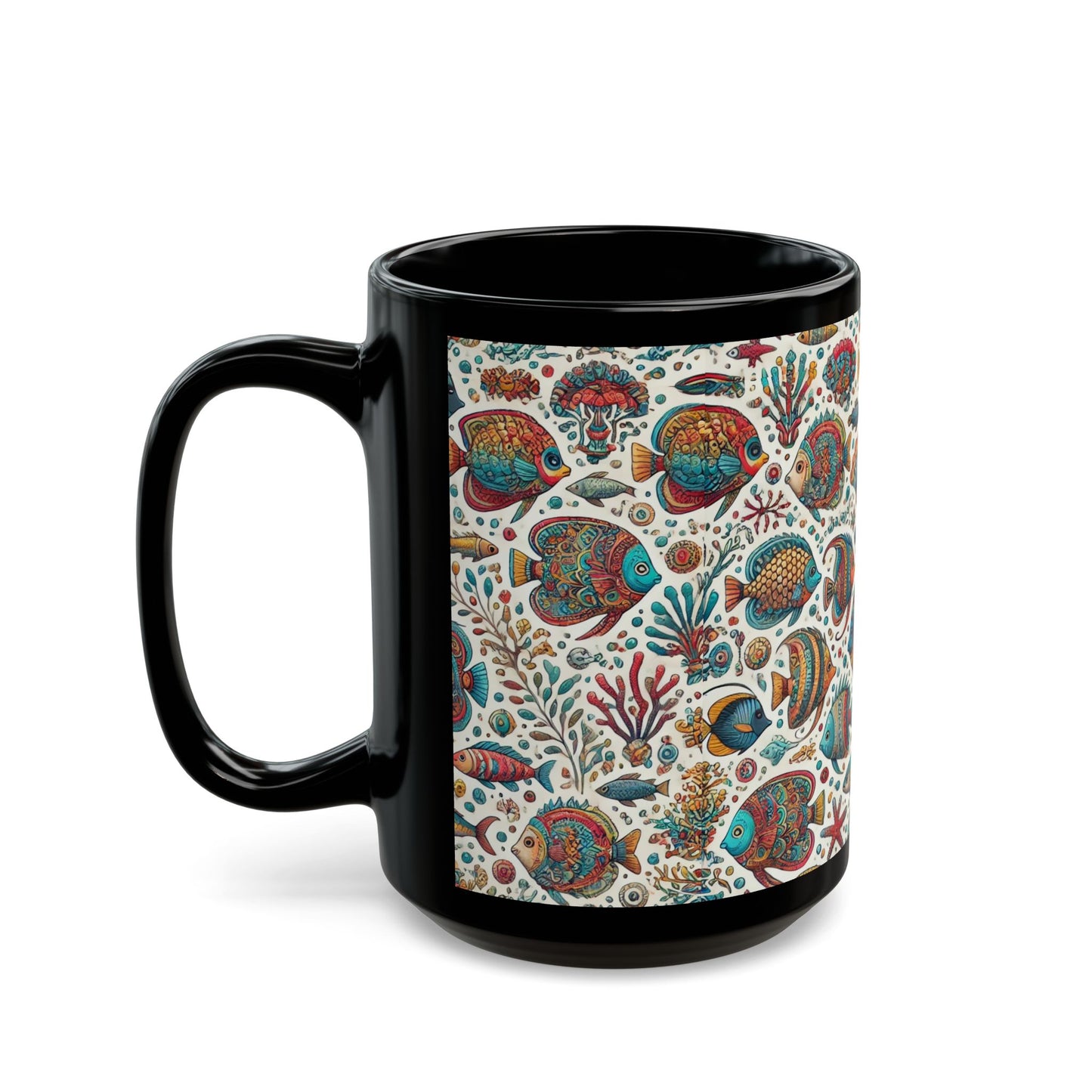Fishes of the Sea- 11 oz or 15 oz Ceramic Black Mugs