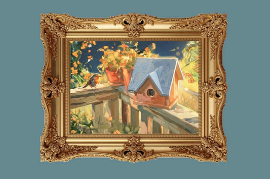 Deck Life | Charming Birdhouse | Songbird Garden Art | Impressionist Cottage Garden Painting | Giclee on Paper. Wood and Metal Panels