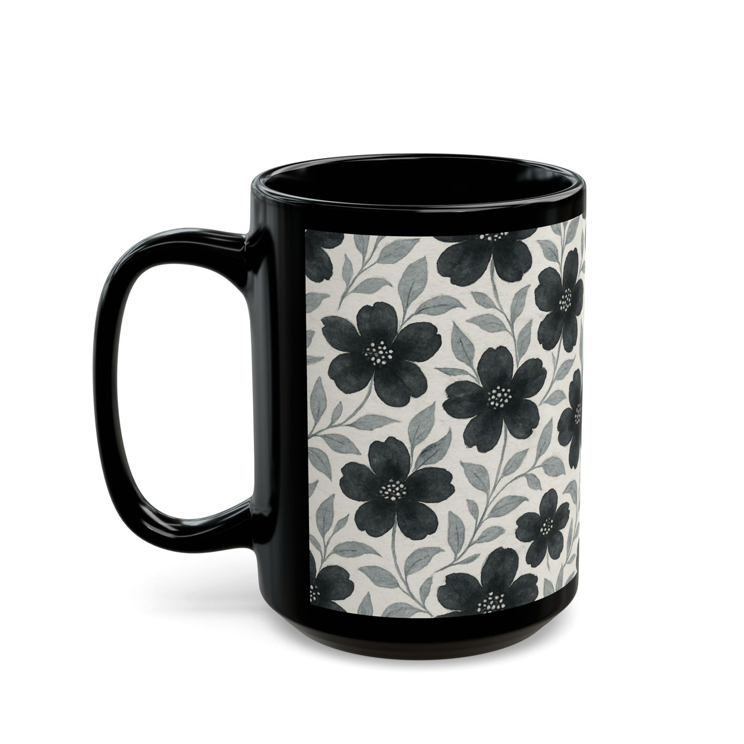 Black with Silver Flowers - 11 oz or 15 oz Ceramic Black Mugs