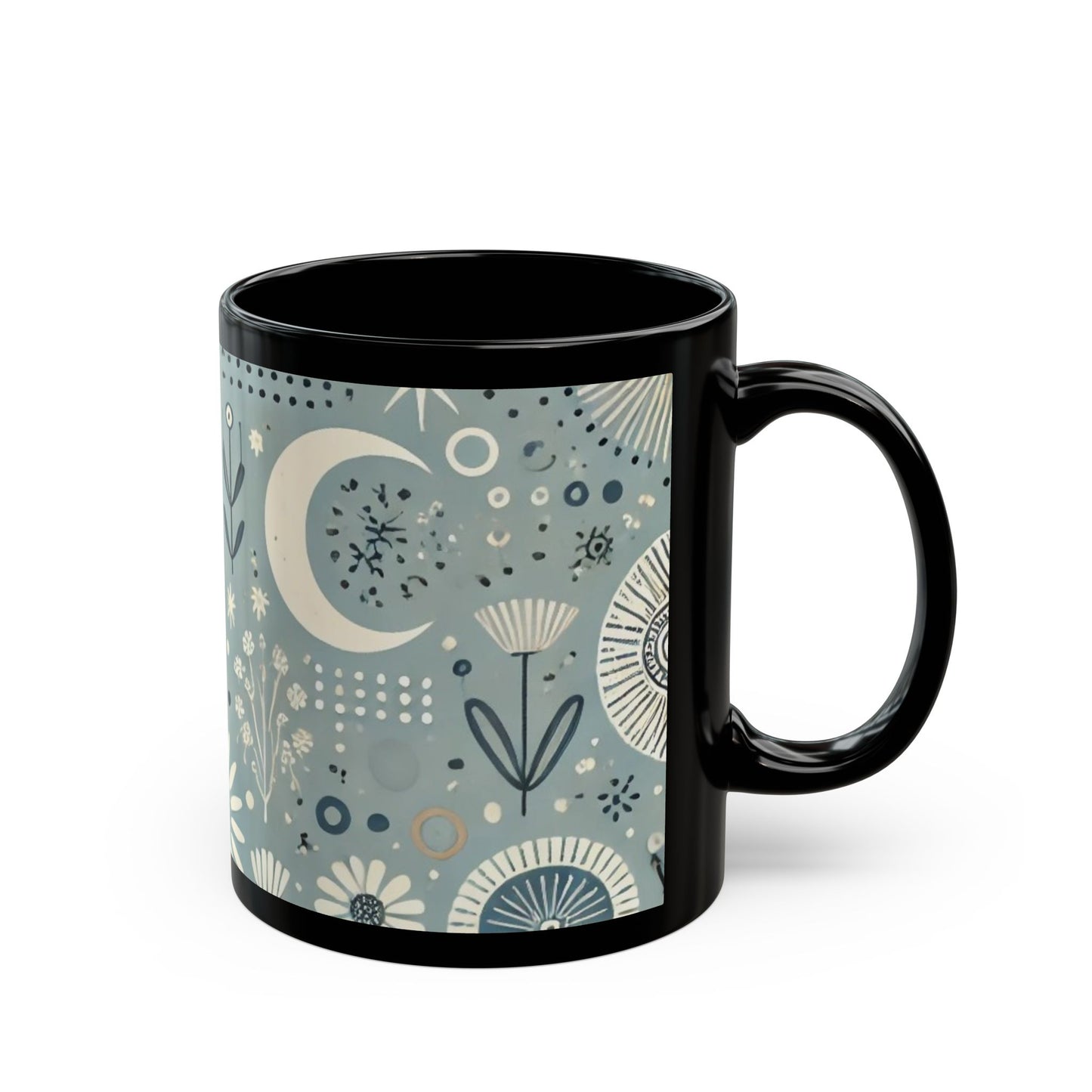 Sun, Moon, and Flowers - 11 oz or 15 oz Ceramic Black Mugs