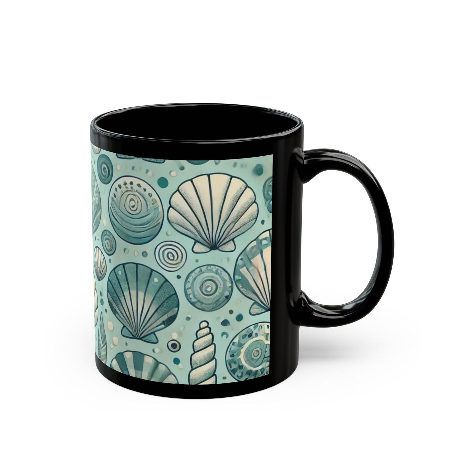 Blue and Silver Seashells - 11 oz or 15 oz Ceramic Black Mugs