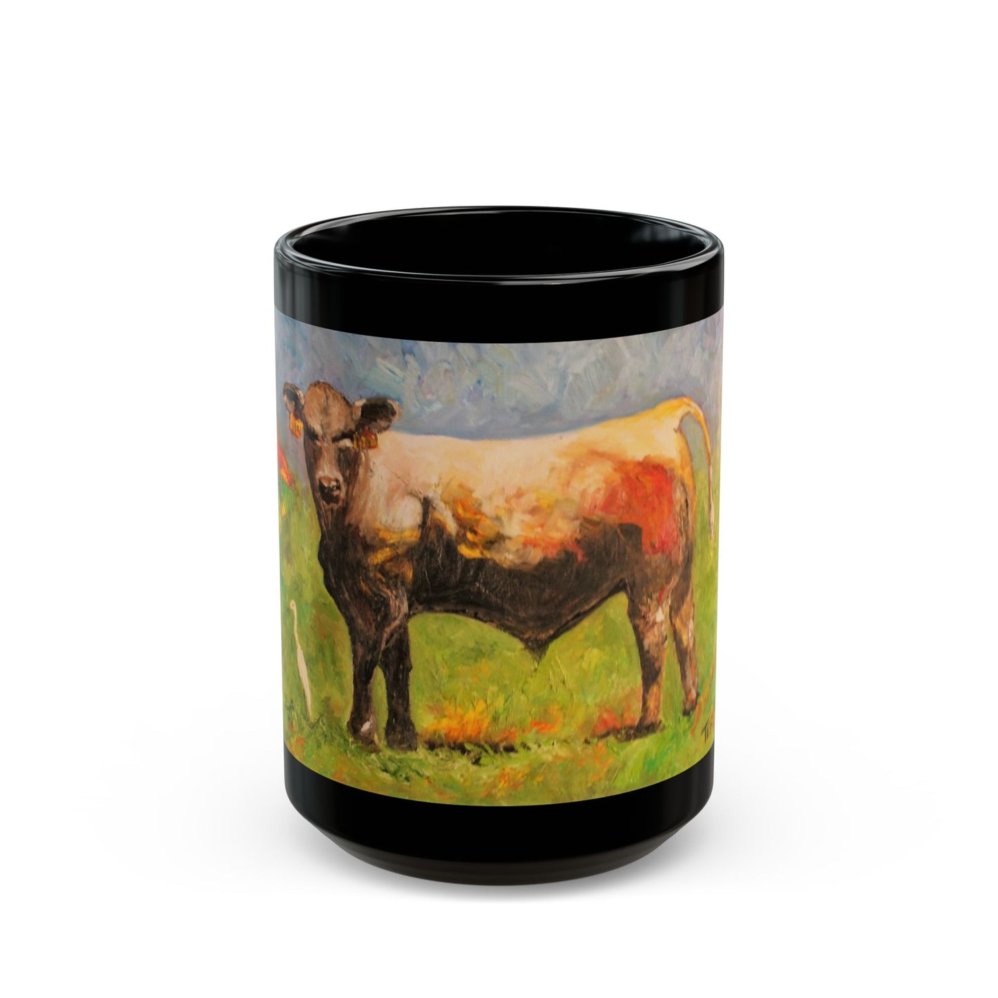 White Egret and the Bull - 11 oz or 15 oz Ceramic Black Mugs