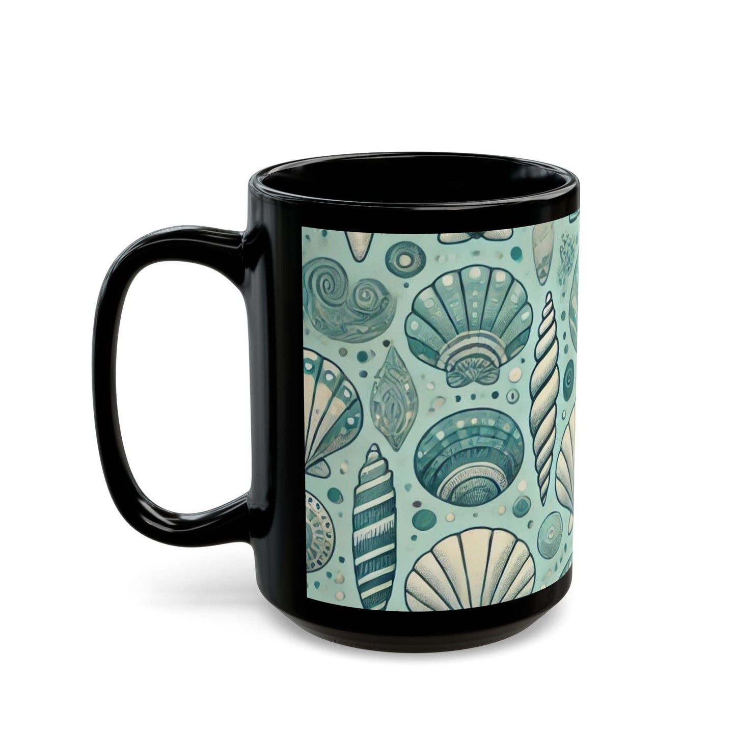 Blue and Silver Seashells - 11 oz or 15 oz Ceramic Black Mugs