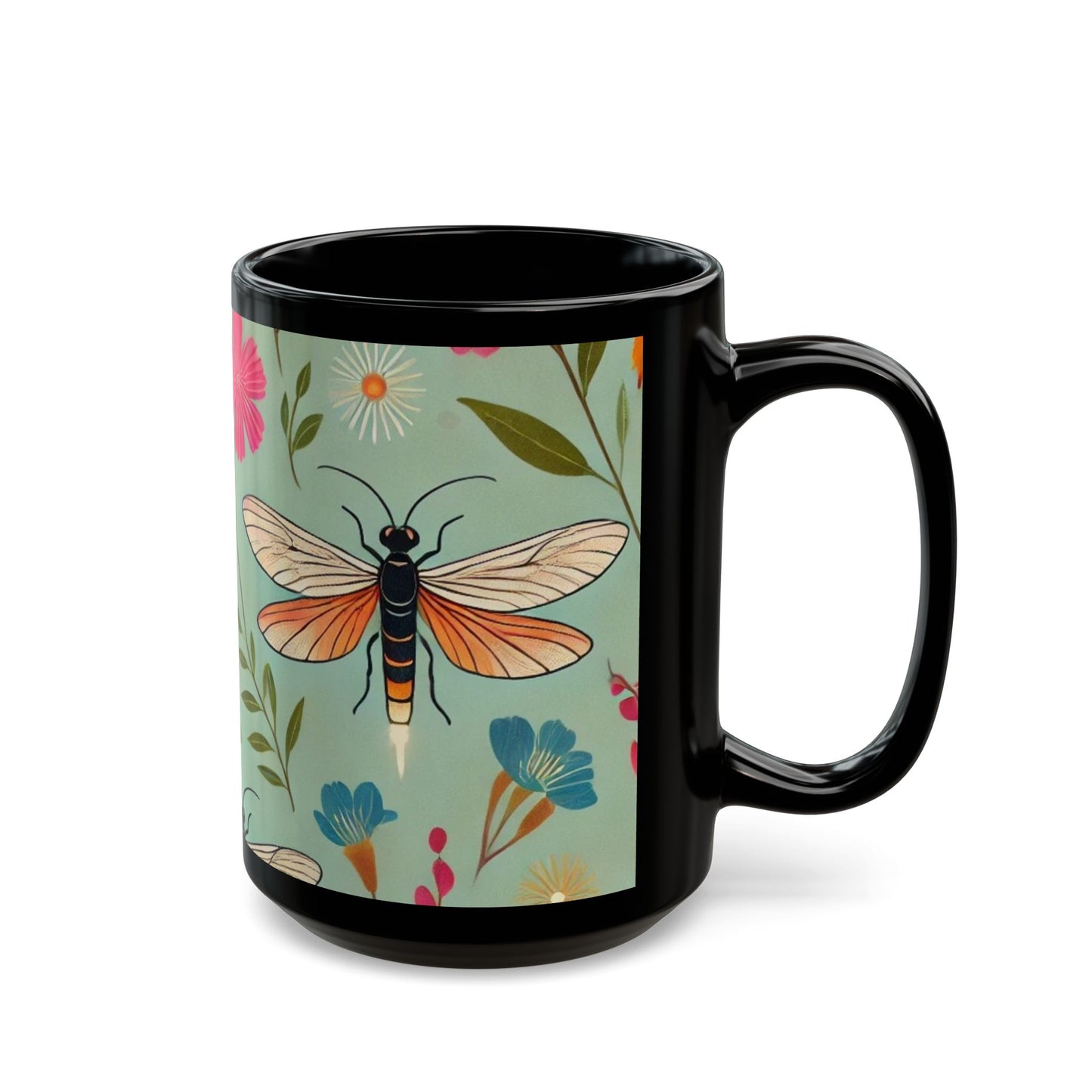 Fireflies and Garden Flowers - 11 oz or 15 oz Ceramic Black Mugs