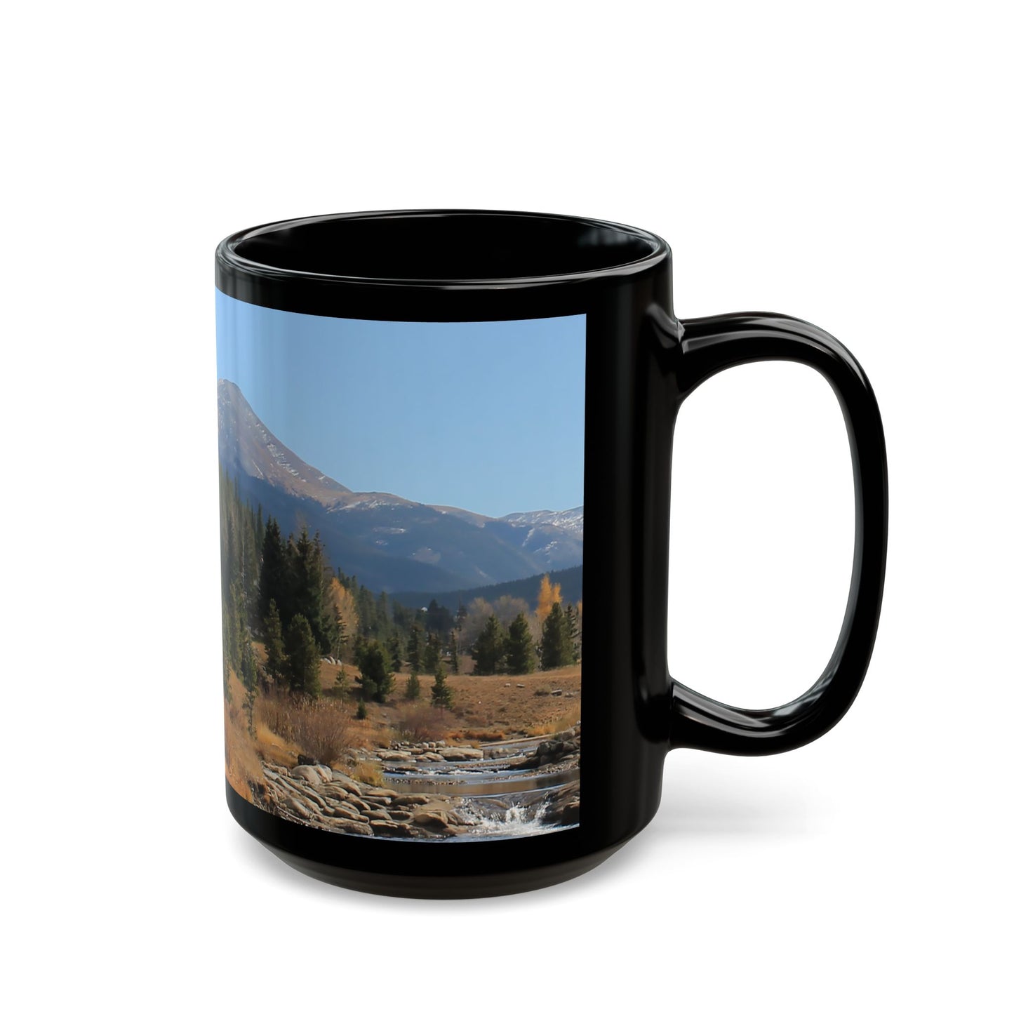 "Rocky Mountain View" - 11 oz or 15 oz Ceramic Black Mugs