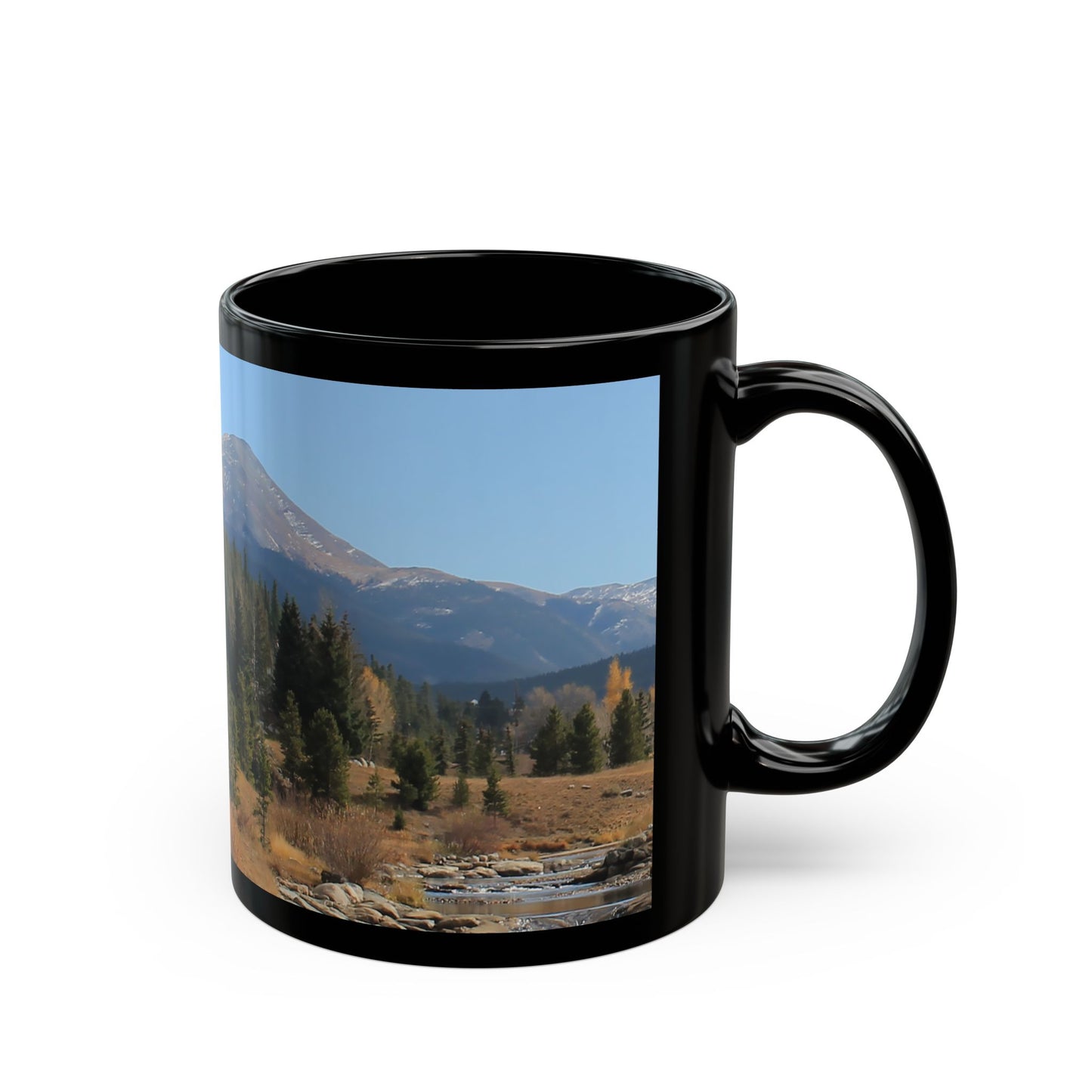 "Rocky Mountain View" - 11 oz or 15 oz Ceramic Black Mugs