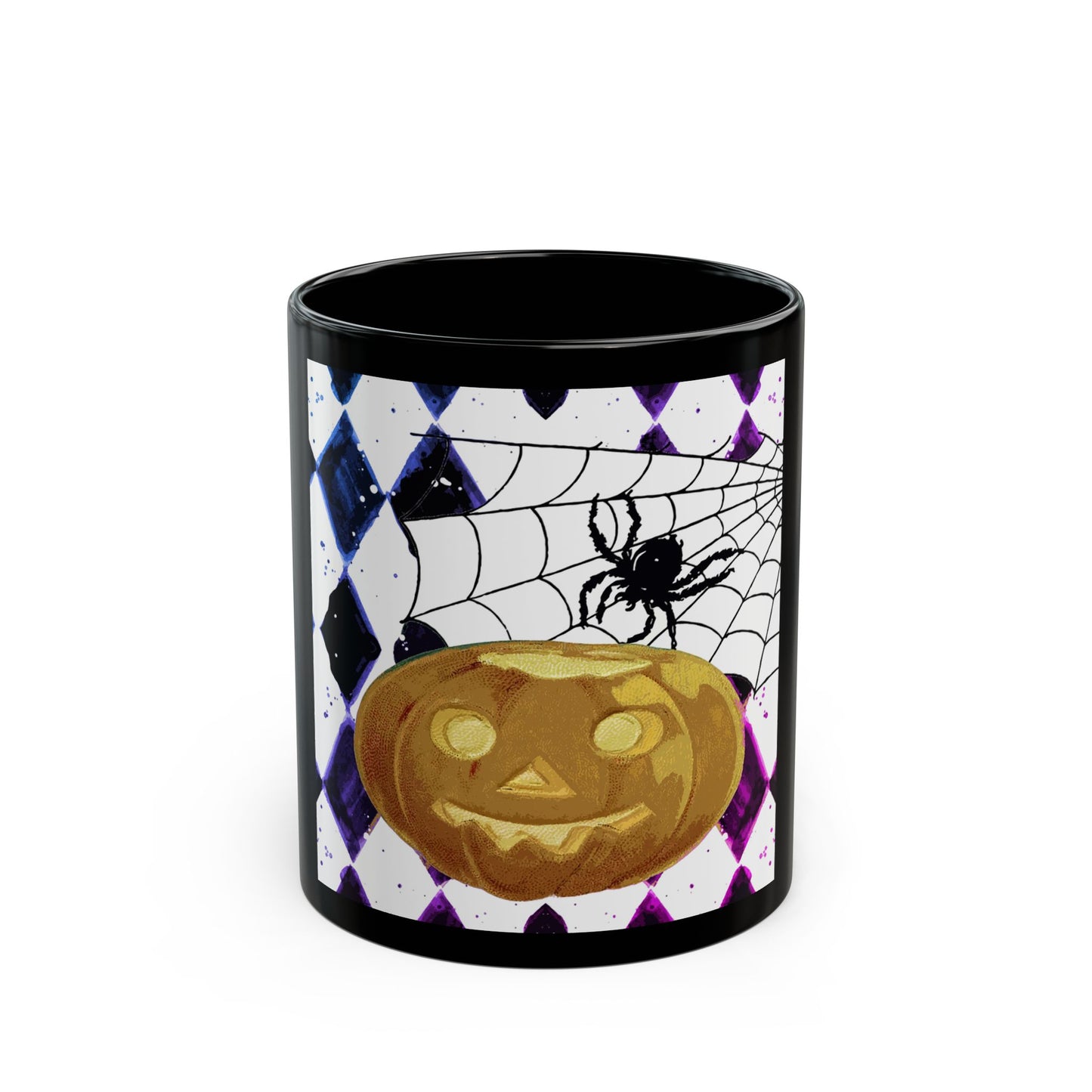 Scary Halloween Pumpkin and Spider - 11 oz or 15 oz Ceramic Black Mugs