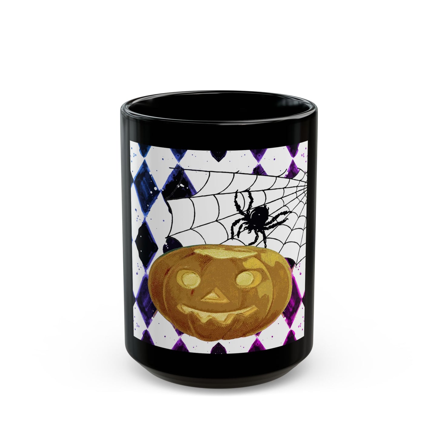 Scary Halloween Pumpkin and Spider - 11 oz or 15 oz Ceramic Black Mugs