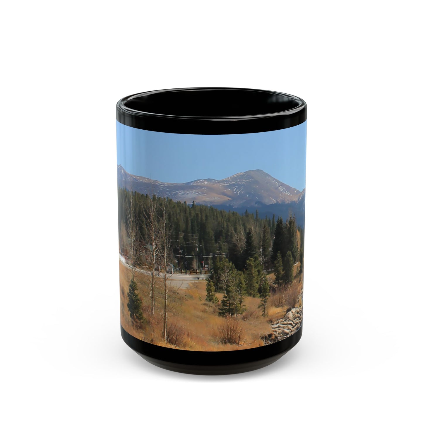 "Rocky Mountain View" - 11 oz or 15 oz Ceramic Black Mugs