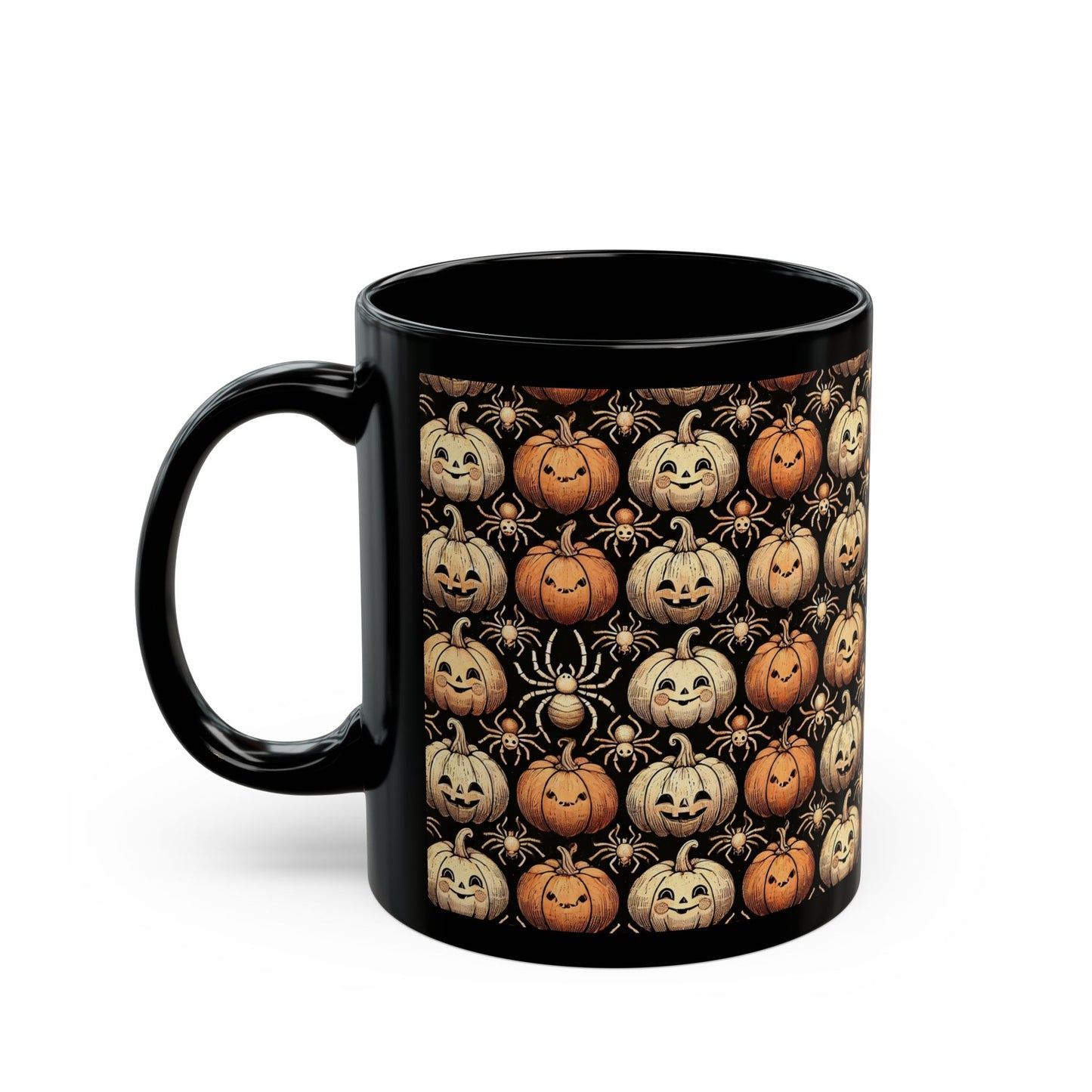 Spider and Halloween Pumpkin- 11 oz or 15 oz Ceramic Black Mugs