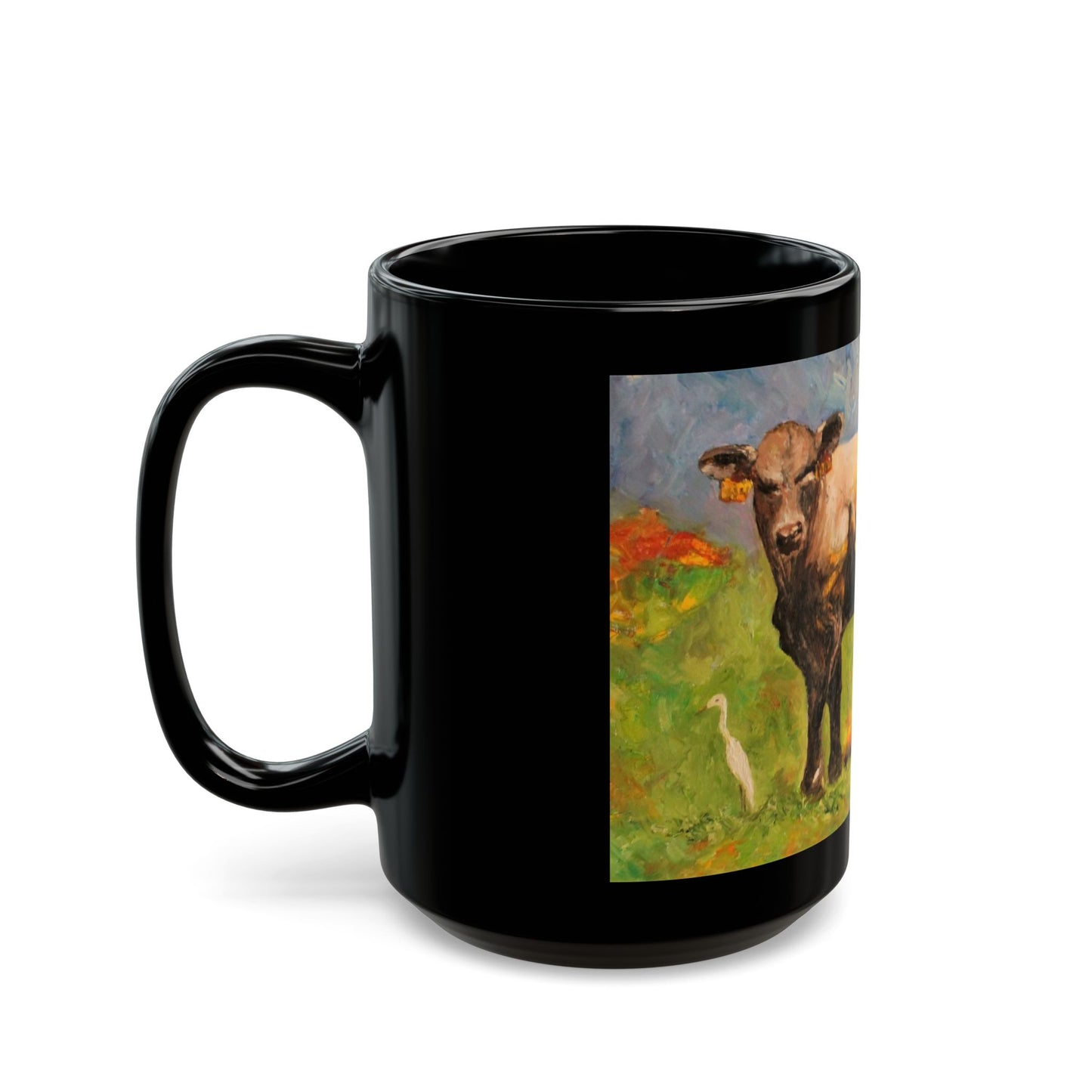 White Egret and the Bull - 11 oz or 15 oz Ceramic Black Mugs