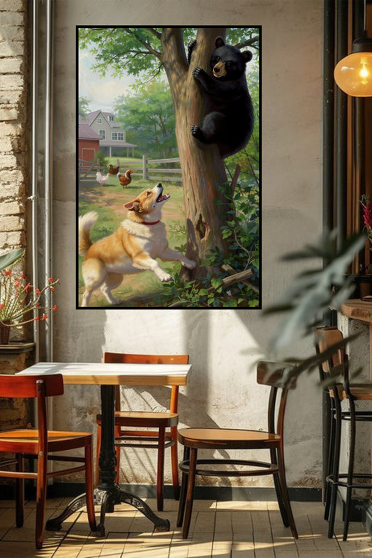 Farm Dog Chases Black Baby Bear Up Tree| Farmhouse Farm Animal Art- Giclee Paper- Wood