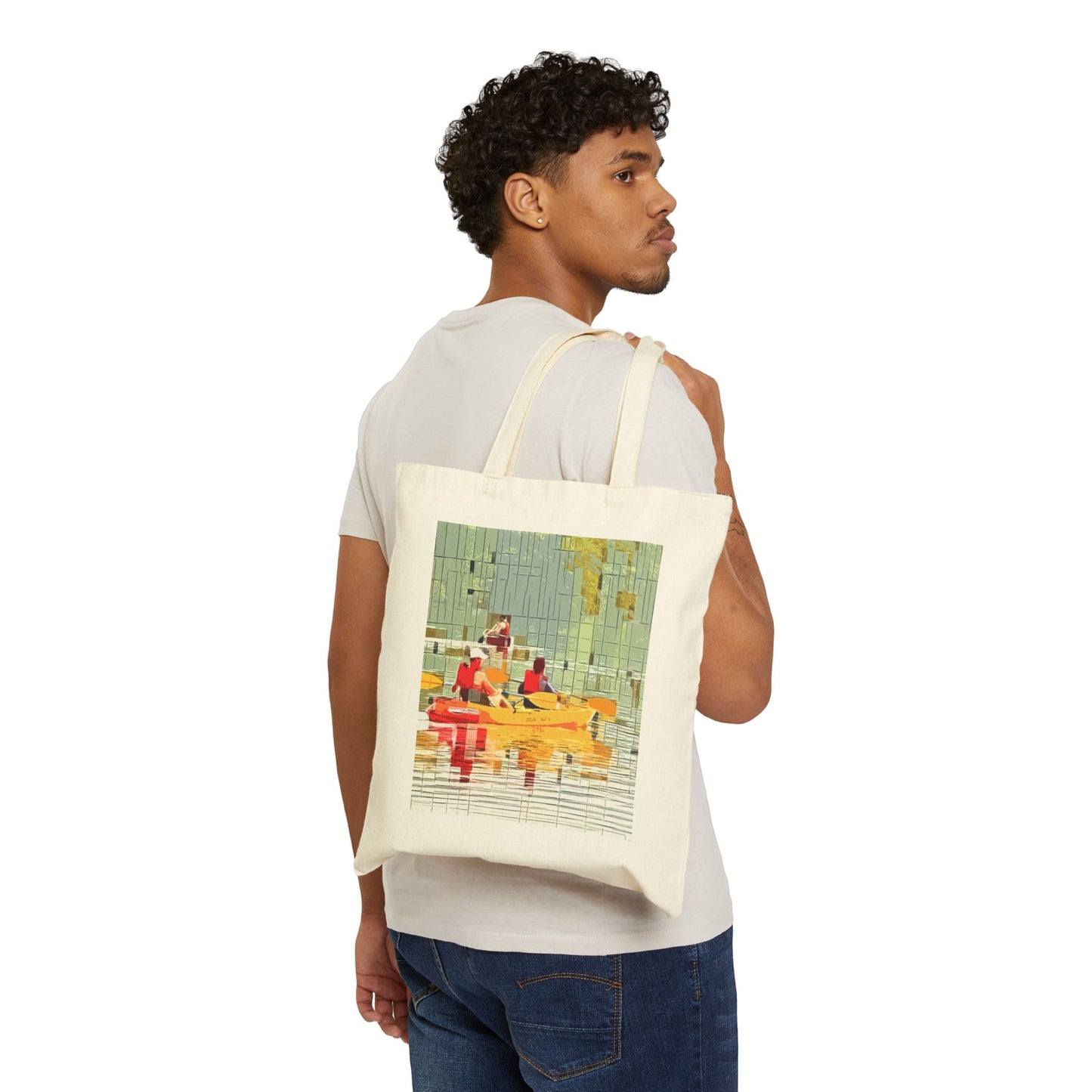 "Kayak in the River" Stylish Cotton Canvas Tote Bag
