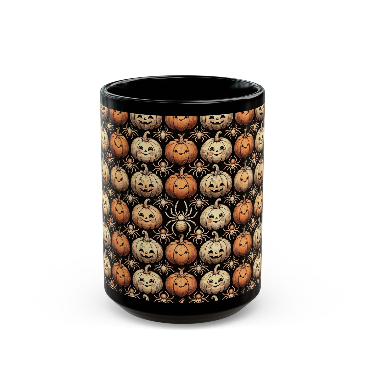Spider and Halloween Pumpkin- 11 oz or 15 oz Ceramic Black Mugs
