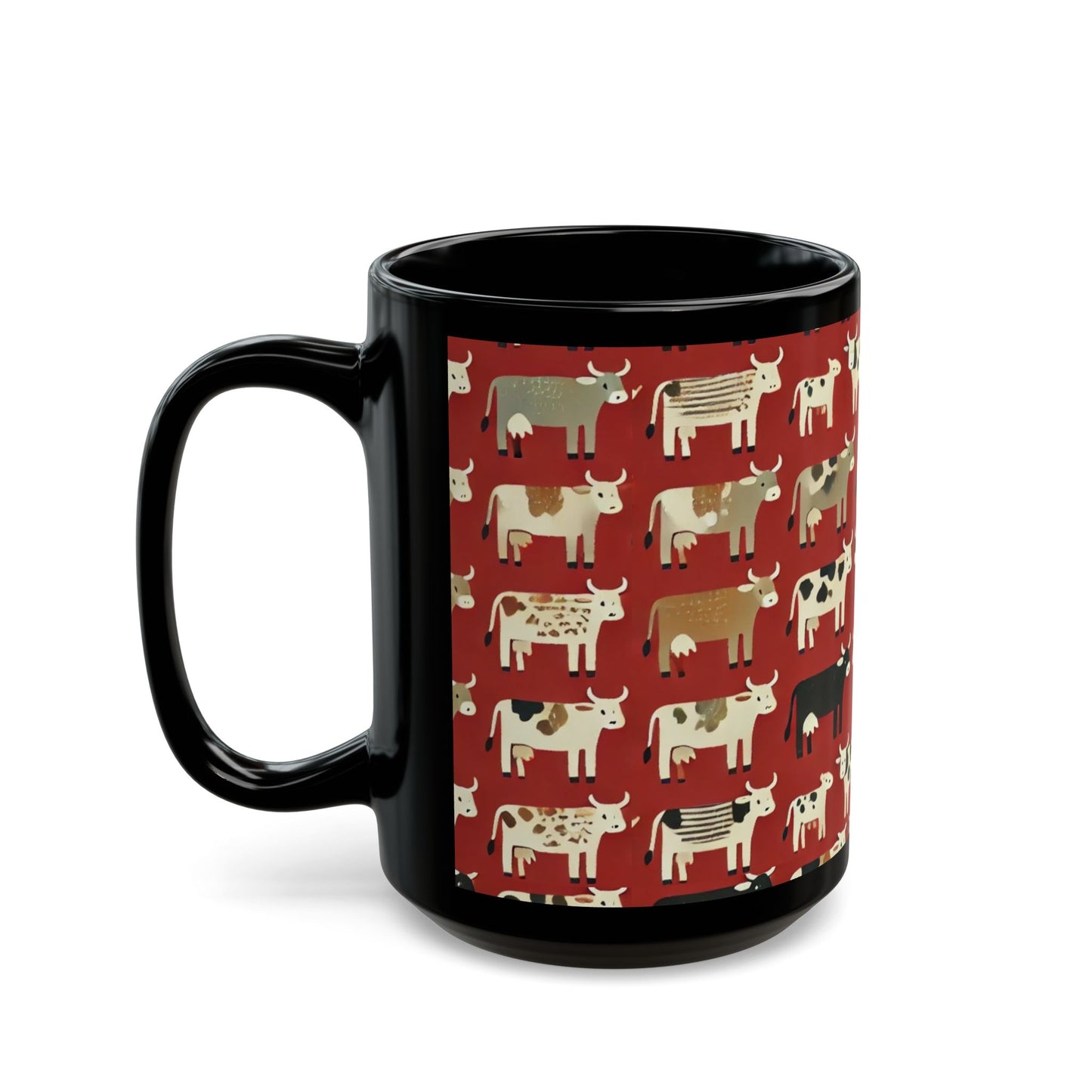 Primitive Boho-Style Cows- 11 oz or 15 oz Ceramic Black Mugs