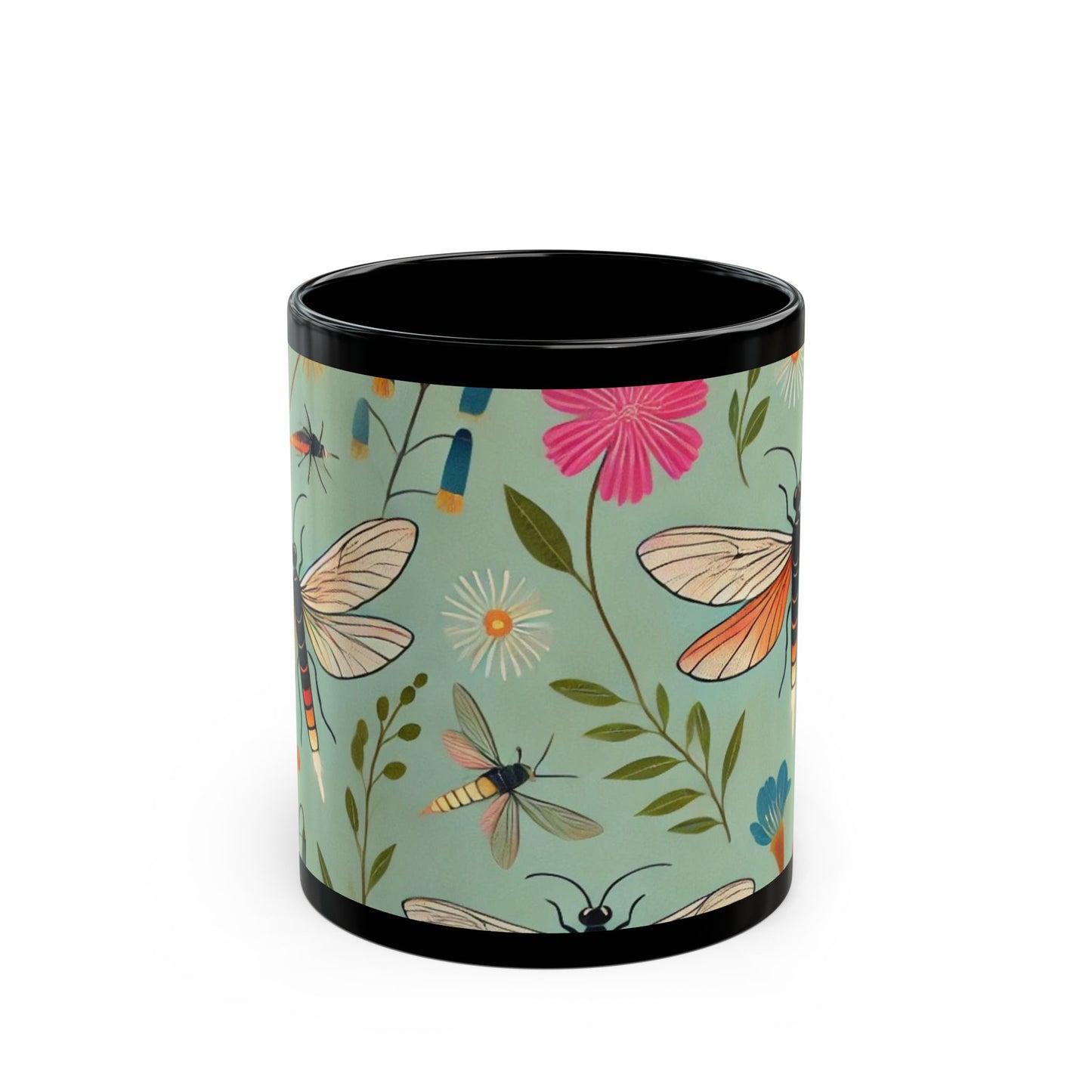 Fireflies and Garden Flowers - 11 oz or 15 oz Ceramic Black Mugs