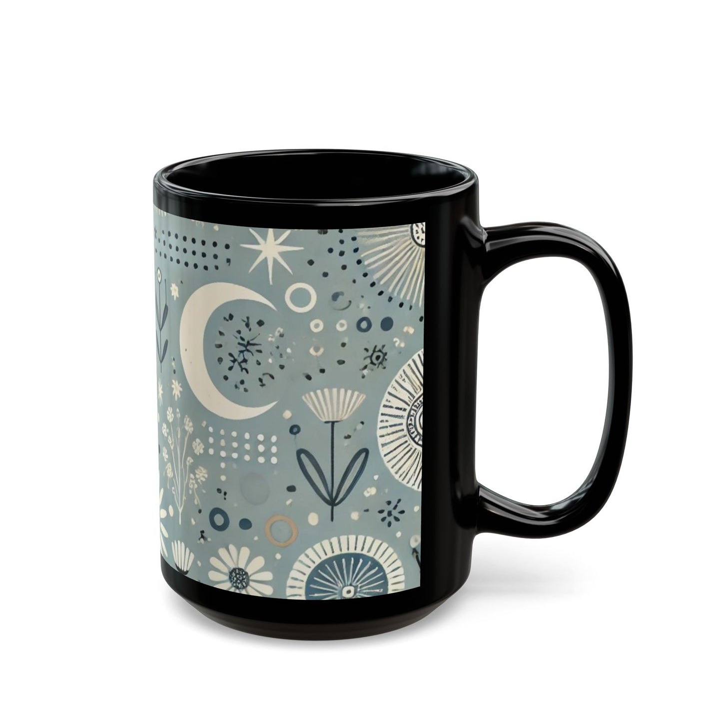 Sun, Moon, and Flowers - 11 oz or 15 oz Ceramic Black Mugs