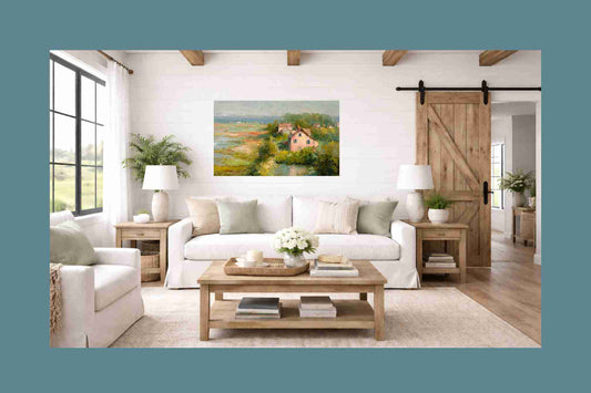 The Pink Cottage – Impressionist Marsh Cottage Painting, Coastal Wall Art, Romantic Cottage Print, Giclée on Canvas, Wood, Metal & Fine Art Paper