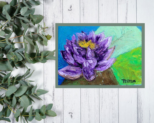 Purple Beauty. Lovely Water Lily in Rich Purple Tones Textured Impressionist Wall Art | Original Acrylic Painting| Purple Beauty. Lovely Water Lily (8x10x .5-inch) | Teresa Johnson