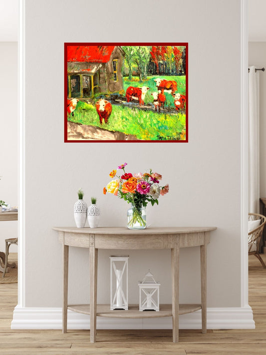 Cows In the Puddles- 20x16x.5-inch-Animal-Textured Oil Painting of Cows standing by an old Farmhouse.